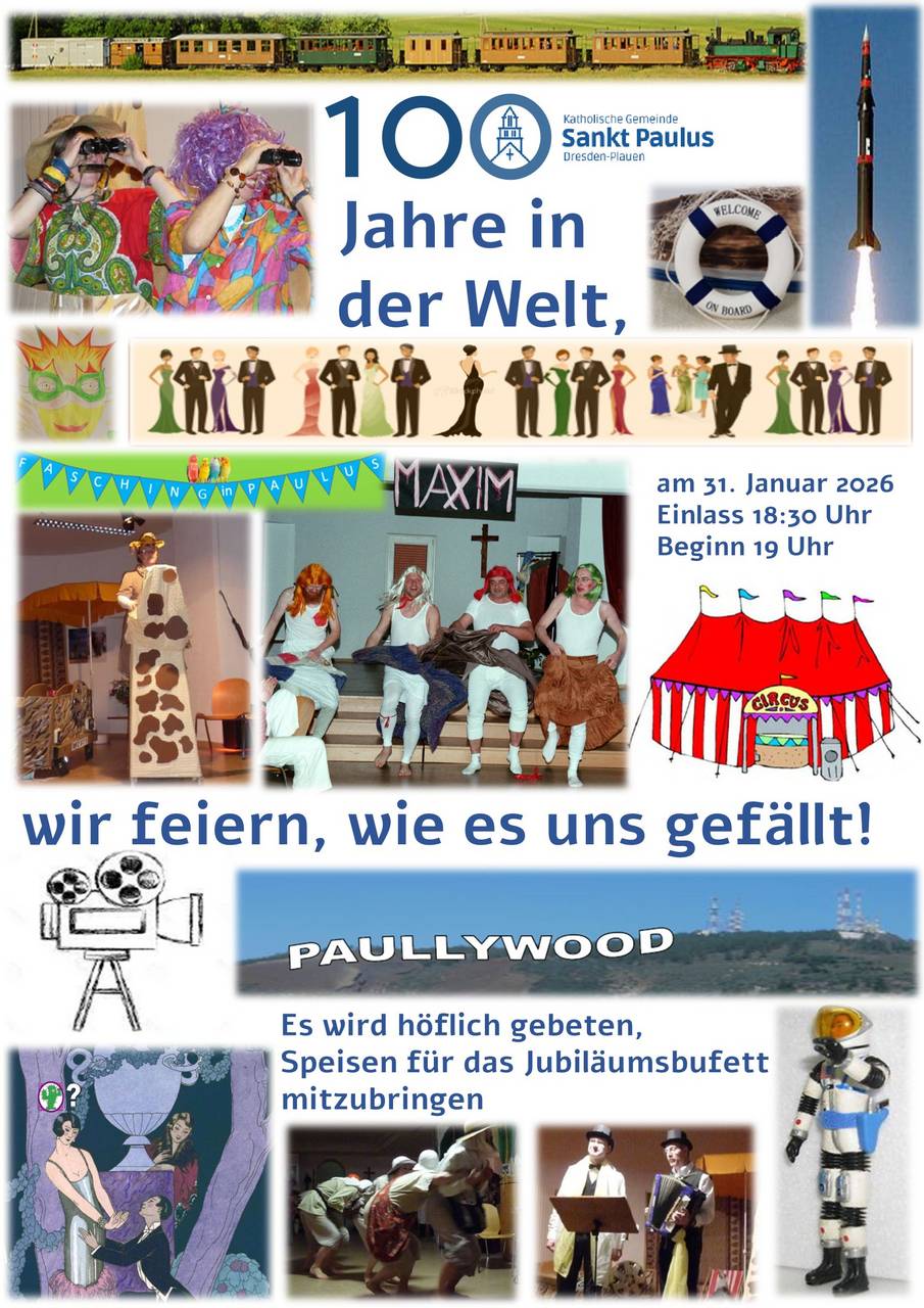 m_2026 fasching paulus 2026 | Kath. Pfarrei Selige M&auml;rtyrer vom M&uuml;nchner Platz - Aktuelles St. Paulus - 100 Jahre in der Welt, wir feiern wie es uns gef&auml;llt